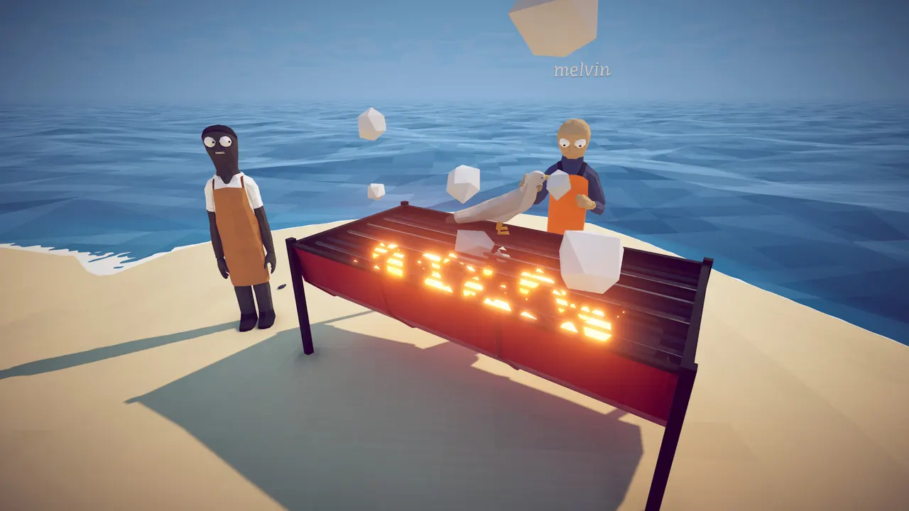 Two How to Fish characters handle a catch beside a beach grill